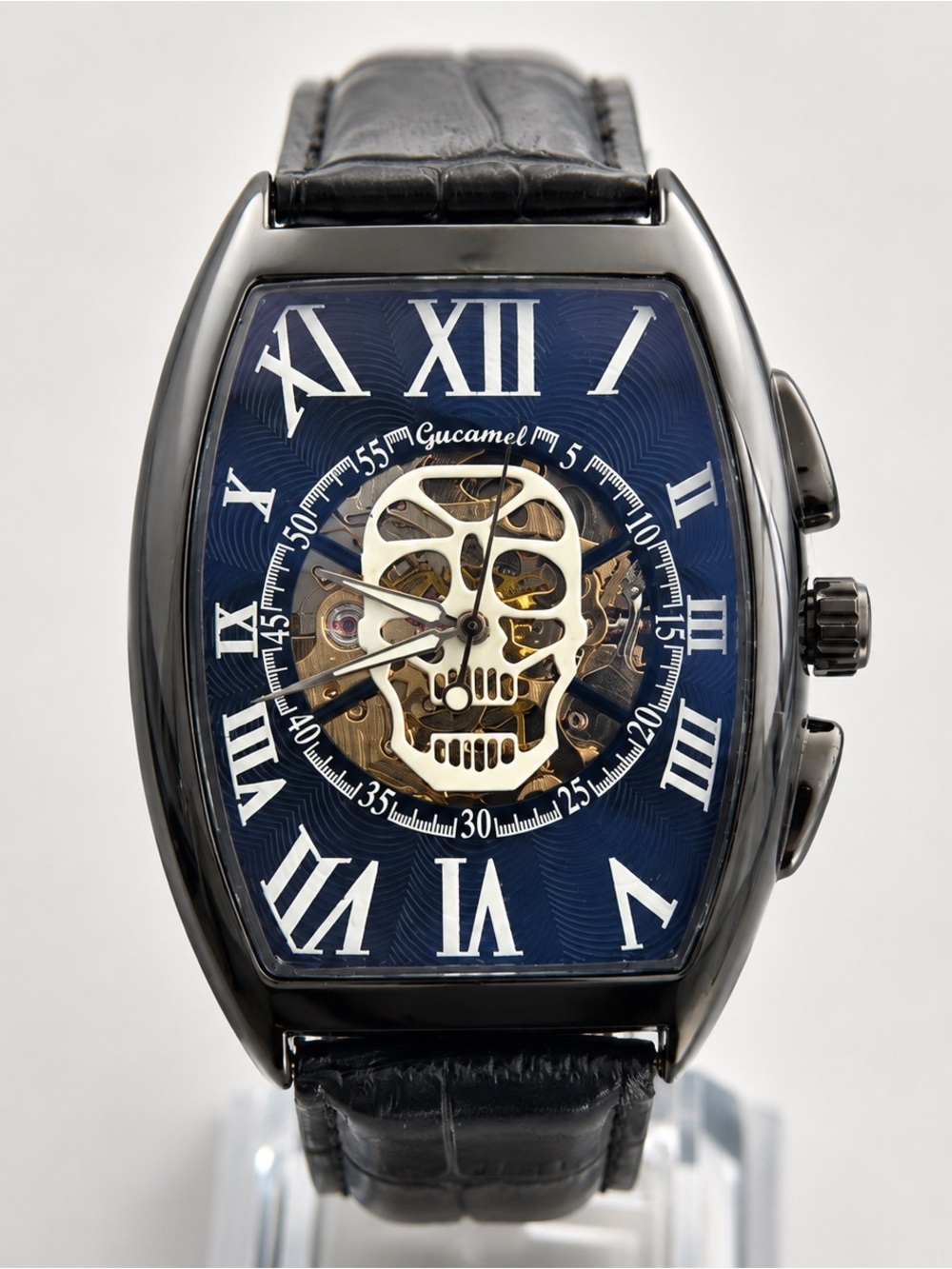 Men’s Skull Skeleton Style Blue Dial Black Gothic Biker